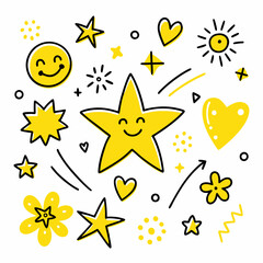 Hand-Drawn Doodles with Yellow Stars, Hearts, and Smiley Faces in Playful Sketchy Style