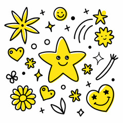 Hand-Drawn Doodles with Yellow Stars, Hearts, and Smiley Faces in Playful Sketchy Style