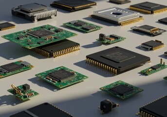 Obraz premium Various Microchips and Electronic Components Close Up