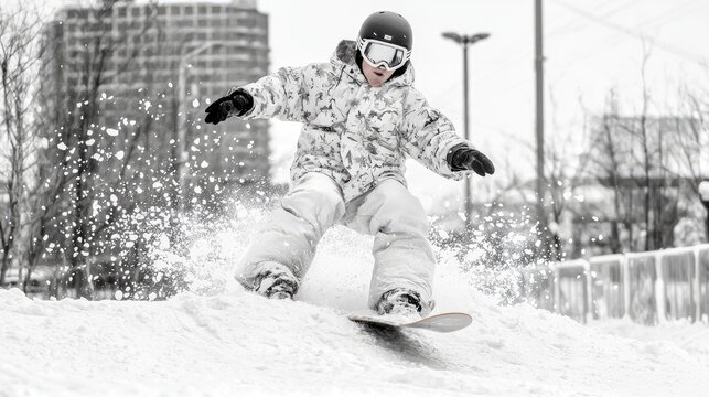 Snowboarder carving down snowy urban slope