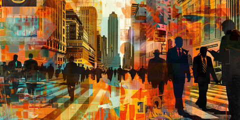 A detailed stock market collage illustration featuring charts, graphs, and trading symbols, blending various elements to depict the complexity and dynamics of financial markets.