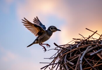 Fototapeta premium A baby bird perched on the edge of its nest, ready to take its first flight, symbolizing hope, new beginnings, and courage.
