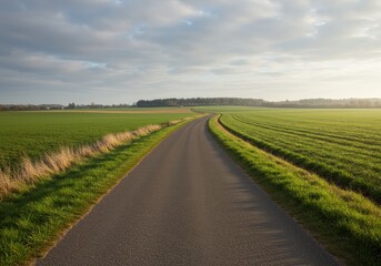 Scenic Country Road Winding Through Green Fields