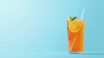 Refreshing orange drink with lemon slices and mint on blue background