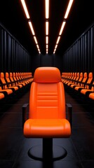 A modern orange chair stands out in a row of identical seats, highlighting design and innovation in a sleek environment.