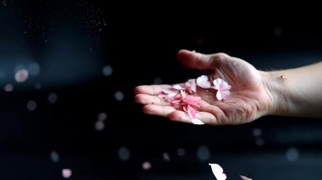 Graceful petals dancing above outstretched hand in slow motion