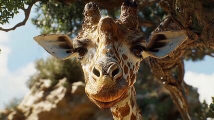 Naklejka premium Close-up of a giraffe's head, showcasing its friendly expression.