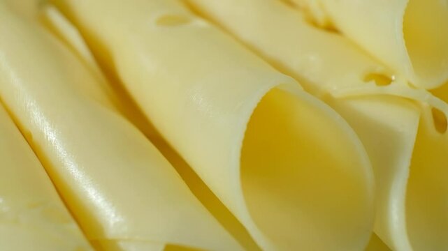 Semi-hard cheese, thin slices, rolled into tubes.