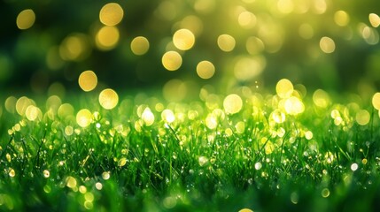 Obraz premium Sparkling bokeh effect green grass field nature photography outdoor environment close-up view blurred background