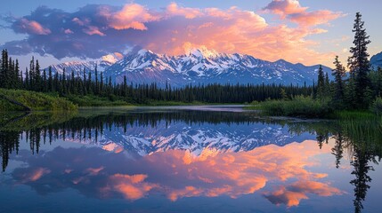 As the sun sets behind towering mountains, hues of pink and orange dance across the sky, mirroring in the calm waters below, surrounded by lush greenery and tall pines