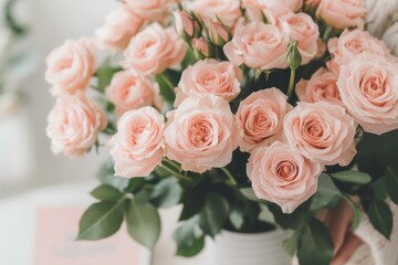 Elegant Bouquet of Soft Pink Roses in Full Bloom with Lush Green Leaves in a Cozy Setting