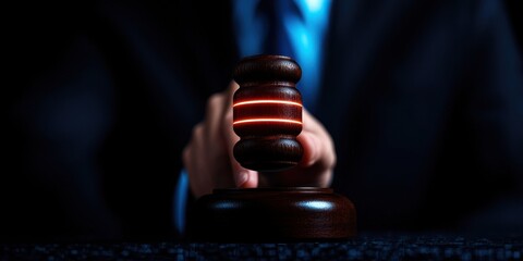 A professional judge's gavel striking a dark desk, symbolizing justice and law in action.
