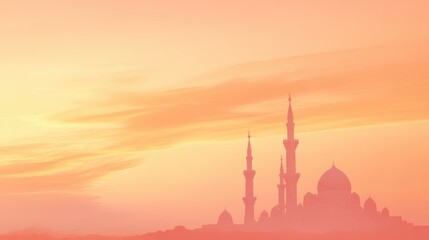 Obraz premium Silhouette of a Grand Mosque at Sunset with Majestic Minarets Against a Vibrant Orange Sky
