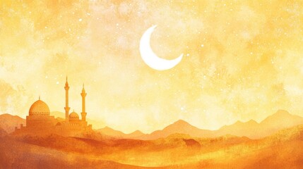 Obraz premium Golden Desert Landscape with Crescent Moon and Distant Mosque at Sunset