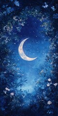 Crescent Moon Illuminating a Mystical Night Sky with Enchanting Floral Surroundings