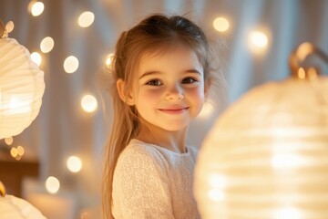 Fototapeta premium Smiling Caucasian young girl in a cozy, warmly lit room with ambient glowing lanterns