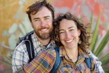 Portrait of a merry caucasian couple in their 30s sporting a breathable hiking shirt isolated on soft multicolor background
