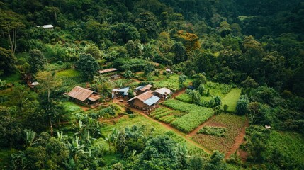 Aerial view Mountain village farming, lush forest backdrop, sustainable living