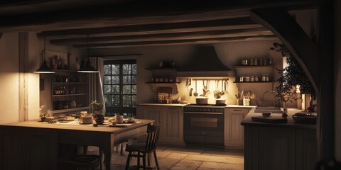 Rustic Farmhouse Kitchen Evening Ambiance Warm Lighting