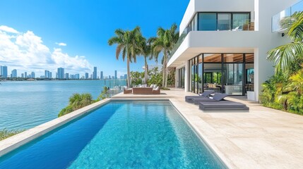 Obraz premium Waterfront mansion pool, Miami skyline view