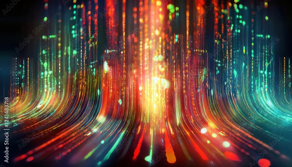 Poster vibrant digital light trails abstract, colorful data stream visualization for tech background and fu