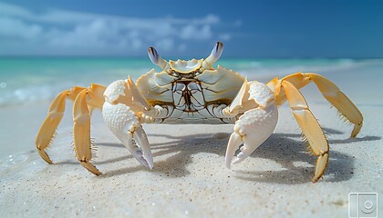 White ghost crab on tropical sandy beach with turquoise ocean and blue sky background, close up view of crustacean wildlife in natural habitat.