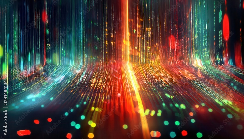Poster vibrant digital light trails abstract, colorful data stream visualization for tech background and fu
