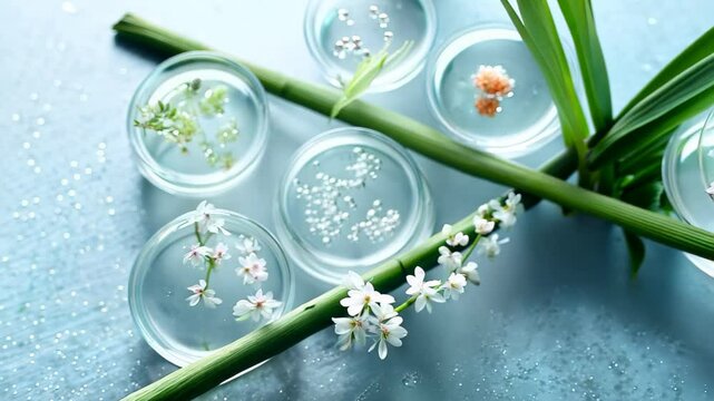 Petri dish botanical experiment with vibrant green leaves and white flowers in laboratory setting