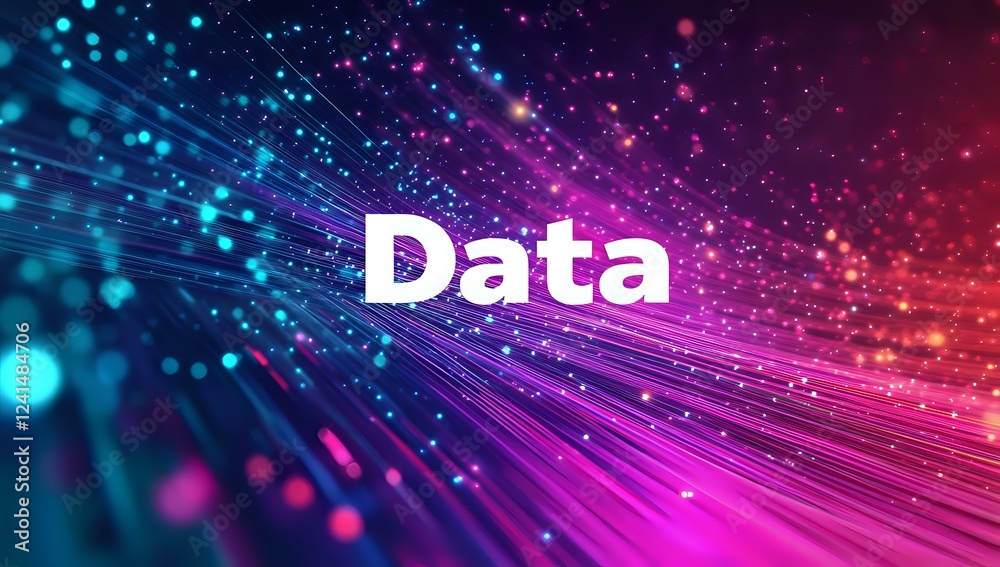 Poster abstract digital background with glowing data text, streaming light particles and dynamic motion tra
