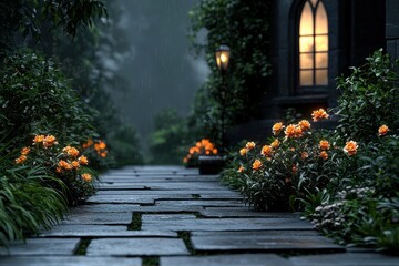 Fototapeta premium Mystical backyard evening serene atmosphere and glowing blooms