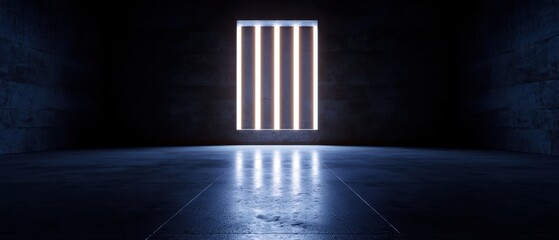 Obraz premium A stark, dimly lit interior with a barred window illuminating the space, symbolizing confinement and hope.
