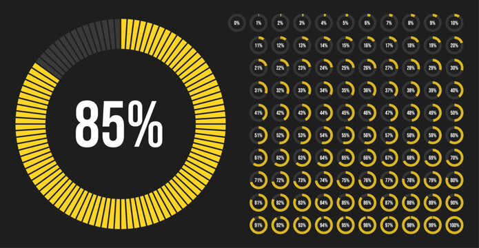 Circle percentage progress pie chart diagram infographic from 0 to 100 percent with yellow indicator. Loading indicator, progress bar, downloading uploading, percentage meter. For UI, apps and web.