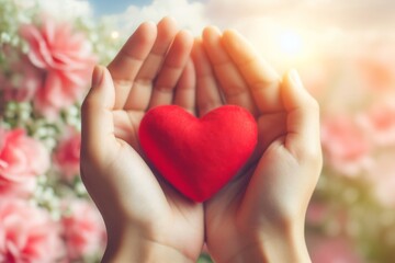 Obraz premium Ein Paar Hände hält ein rotes Stoffherz sanft umschlossen, umgeben von einem blühenden Hintergrund aus Rosen und warmem Sonnenlicht – ein Symbol für Liebe und Zuneigung. Generative KI.