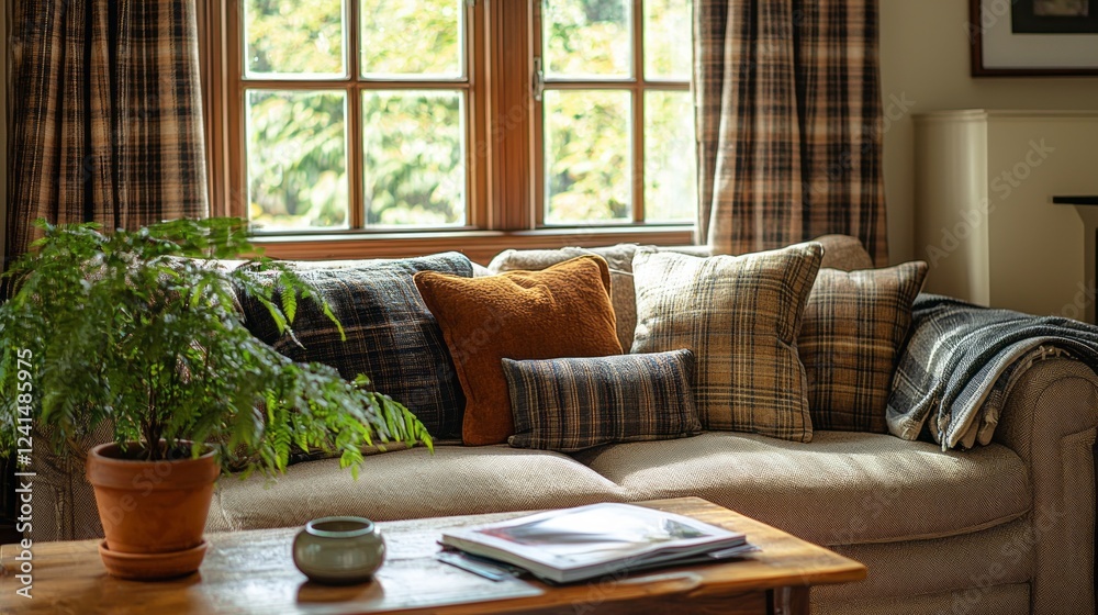 Aufkleber sunlight fills the warm living room, highlighting a comfortable couch adorned with plush cushions of