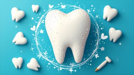 Illustration of healthy tooth surrounded by artistic sparkles and decorations. Dentist day concept