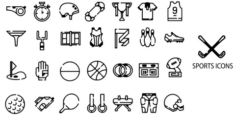 Sport simple concept 28 icons set. Contains such football, basketball, trophy, competition, medal, gym, volleyball. Vector illustration.