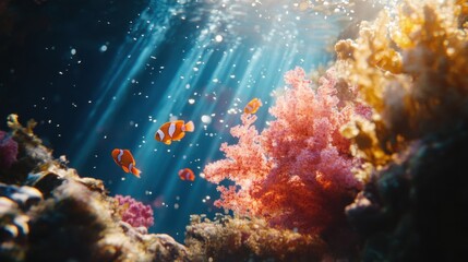 Fototapeta premium Colorful Coral Reef Underwater Scene with Clownfish Swimming Gracefully
