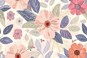 Pastel Floral Pattern Soft Pink, Peach, and Gray Blooms