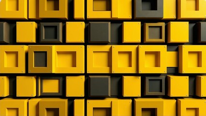 A dynamic 3D abstract geometric pattern featuring interlocking rectangular and square blocks in bold yellow and black tones. The varying depths and structured composition create a sense of depth