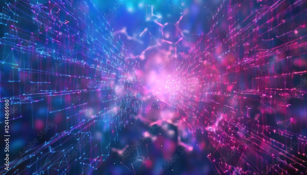 Aufkleber futuristic digital data tunnel with glowing blue and pink neon grid, abstract cyber network backgrou