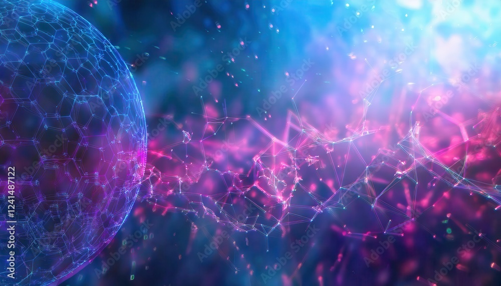 Poster futuristic digital data tunnel with glowing blue and pink neon grid, abstract cyber network backgrou