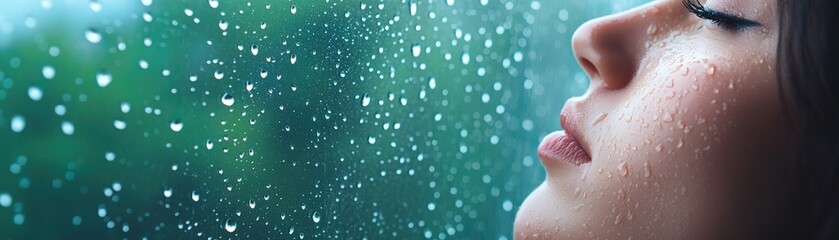 Fototapeta premium Tearful Young Woman Gazing Out of Rainy Window with Raindrops Glimmering on Glass