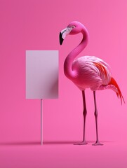 Fototapeta premium A vibrant pink flamingo stands beside a blank sign against a bright pink background, perfect for creative projects.