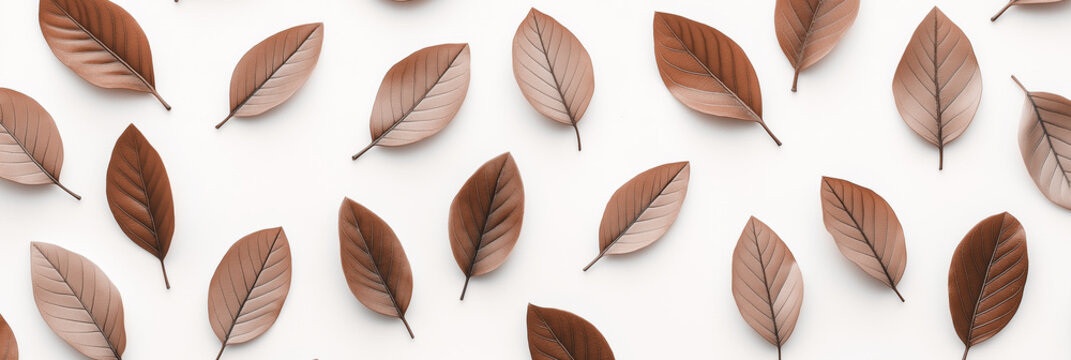Mocha mousse, brown leaves pattern on white background, flat lay, various shades of brown, natural foliage