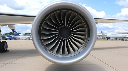 Detailed view of a large aircraft jet engine with visible turbine blades. Parked airplanes and a clear blue sky form the backdrop, highlighting aviation technology and engineering