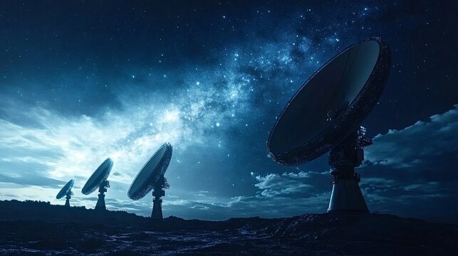 Array of large radio telescopes pointing towards a starry night sky, capturing cosmic signals. The milky way galaxy is visible, adding a sense of wonder and exploration