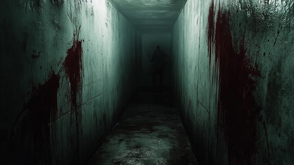 Fototapeta premium Mysterious and eerie hallway with dark stairs and bloodstains, creating a chilling atmosphere in an abandoned building