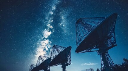 Array of radio telescopes pointing skyward, silhouetted against a starry night with the milky way visible. The scene captures the essence of astronomical exploration and cosmic wonder