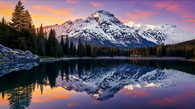 A stunning sunrise over the snow-capped gunung, reflecting in the danau air, paints the langit with hues of biru and matahari terbenam