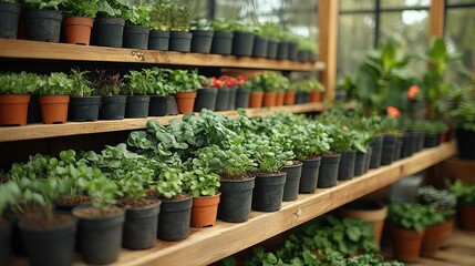 Lush green plants in terracotta pots arranged on wooden shelves in a vibrant greenhouse setting